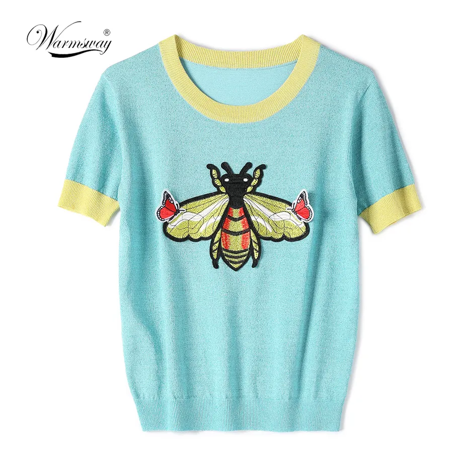 New Summer Shiny Butterfly and Bee Embroidery Appliques Tee Cute Women Pullover Knit Lurex Runway Design Top Bling B-130