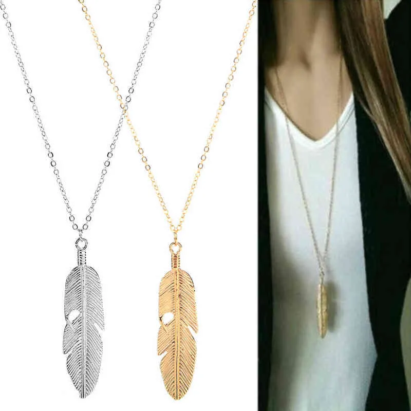 Mode fjäder halsband för kvinnor lång tröja kedja smycken gåvor blad hängsmycken chocker halsband bijoux G1206