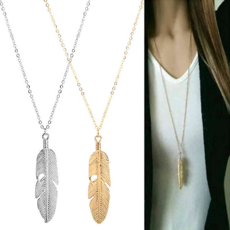 Collares de plumas a la moda para mujer, suéter largo, cadena, regalos de joyería, colgantes de hojas, collar de gargantilla, bisutería G1206