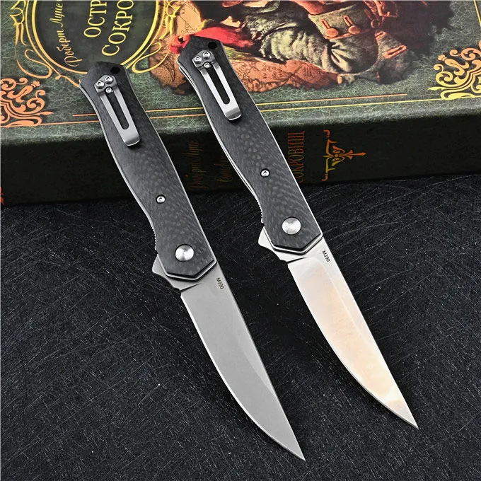 Factory Prijs Flipper Folding Mes M390 Drop Point Blade Carbon Fiber + Steel Sheet Handle Outdoor EDC Pocket Messen