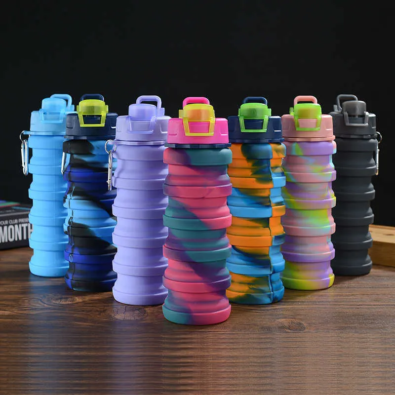 Nieuwe siliconen waterfles draagbare opvouwbare kop fles vruchtensap lekvrije outdoor sport reizen kampeerfles met deksel Y0915