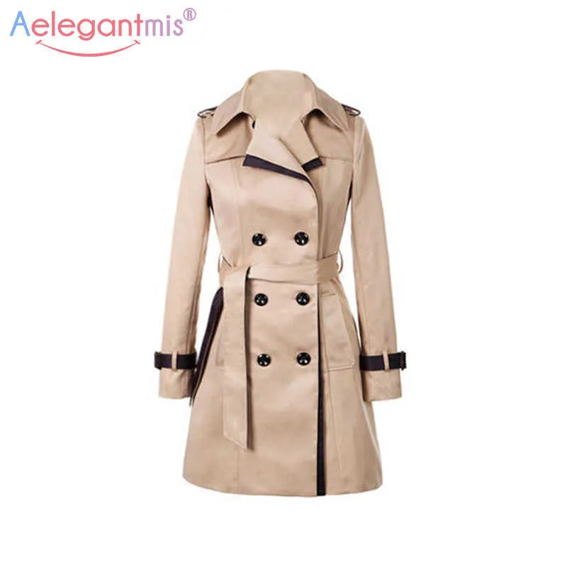 AeelegantMis Autunno Donne Doppio petto Trench lungo Cappotto Kaki con cintura Classic Casual Office Lady Business Outwear Autunno 210607