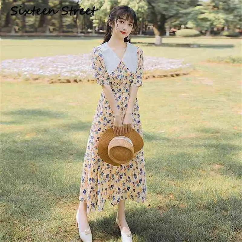 Été Floral Robe Longue Imprimé En Mousseline De Soie Vintage Broderie Midi Femmes À Manches Courtes Mi-mollet Fête Élégant 210603