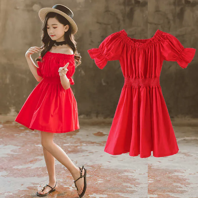 Summer baby kids girls clothes Dress off shoulder sexy clothing Fashion defined high waist Dress 4 5 6 7 8 9 10 11 12 year Q0716