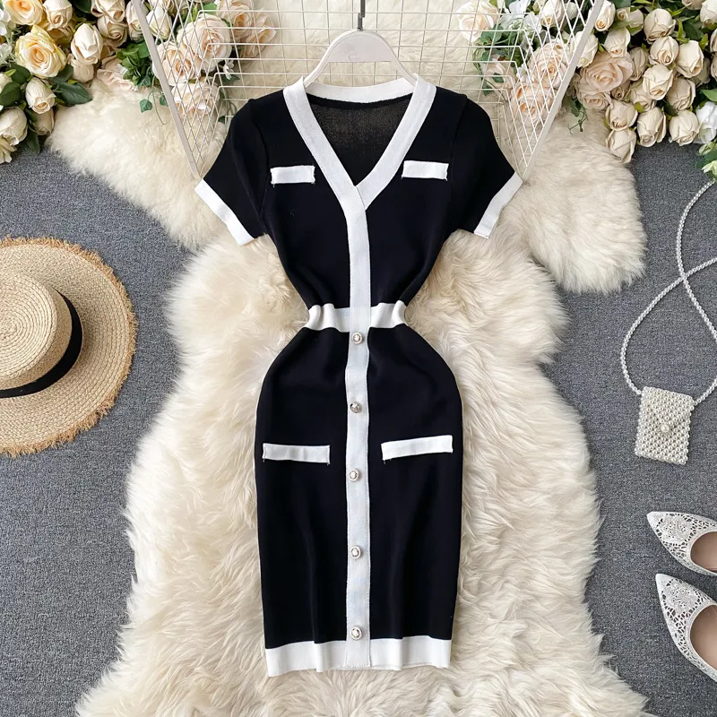 New design women`s fashion retro elegant single breasted patchwork short sleeve v-neck knitted pencil dress color block short dress