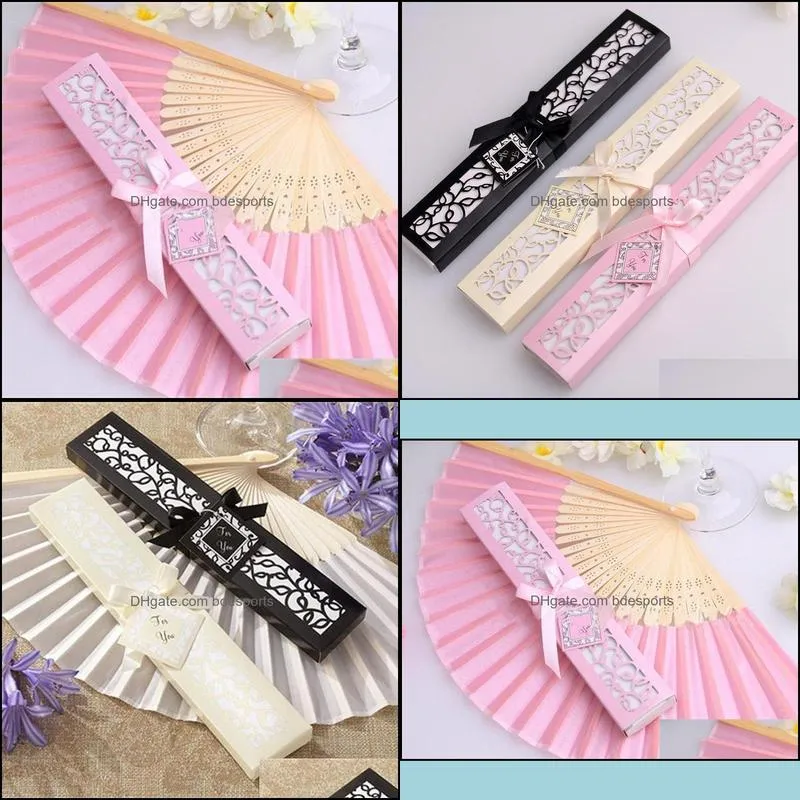 Fast shipping Luxurious Silk Fold hand Fan in Elegant Laser-Cut Gift Box (Black; Ivory) +Party Favors/wedding Gifts