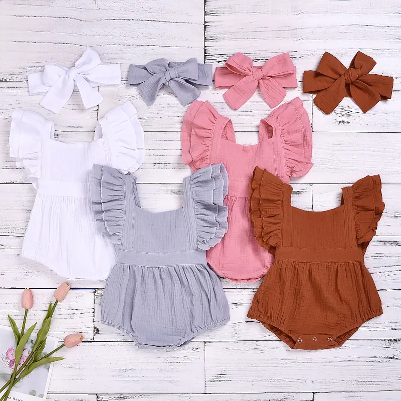 Kinderkleding meisjes 2021 zomer pasgeboren baby baby katoen linnen fly mouw romper + hoofdbanden 2 stks / set boutique peuters kleding M3309