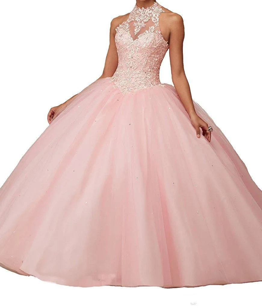 Discount personnalisé Quinceanera Robe Halter sans manches sans dos une ligne Longes robes de bal de bal classique Tulle Tulle Dentelle Robes roses roses rouges