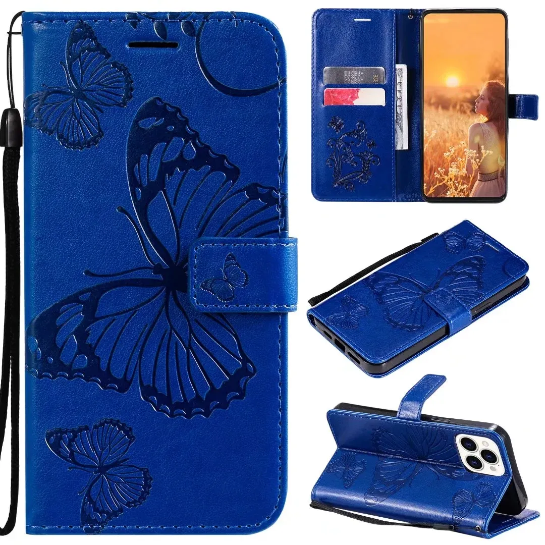 Étuis de téléphone portefeuille pour iPhone 14 13 12 11 Pro Max XR XS X 7 8 Plus 3D Papillon Gaufrage PU Cuir Femmes Flip Kickstand Cover Case avec fentes pour cartes
