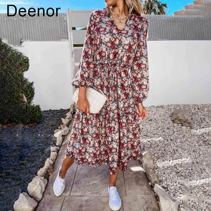 Deenor Verão Vintage Floral Impressão Maxi Vestidos Para Mulheres Manga Longa V-Neck Ruffles Senhoras Primavera Casual Praia Vestidos X0521