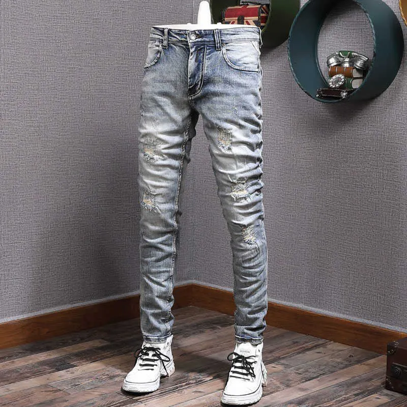 Italiaanse stijl mode mannen jeans retro grijs blauw elastisch slim fit gescheurd patchwork vintage ontwerper casual denim broek
