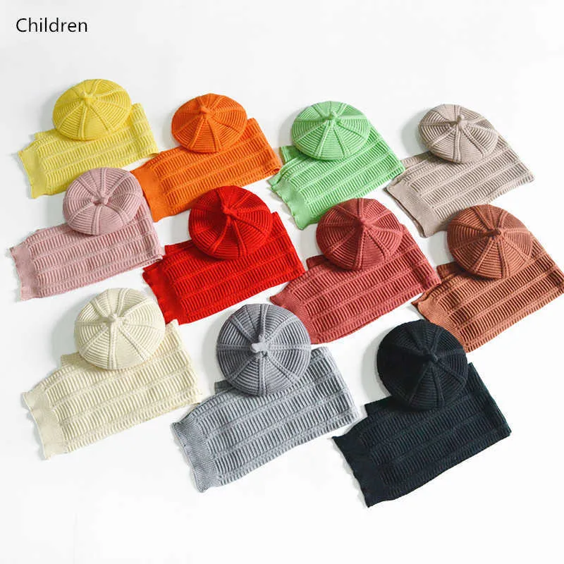 ファッションベビーガールズボーイズハットスカーフセット冬の暖かい子供ベレー帽の帽子帽子帽子糸ニット帽子スカーフ子供2ピースセット210713