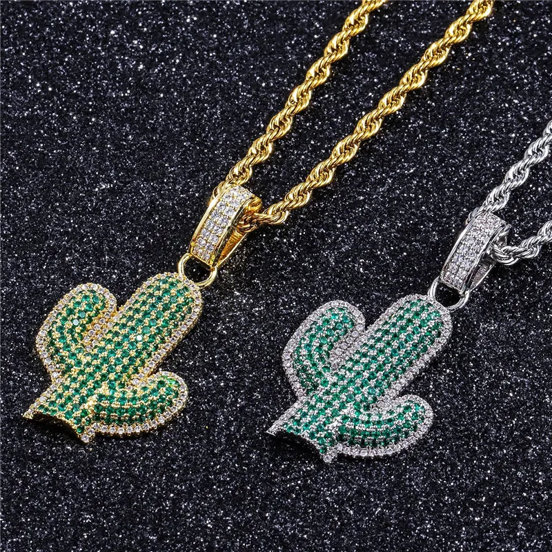 2022 Mode Charme Luxus Kaktus Anhänger Halskette Hip Hop Männer und Frauen dichte solide Halskette Kupfer Zirkon eingelegt mit echtem vergoldeten Schmuck Top-Qualität
