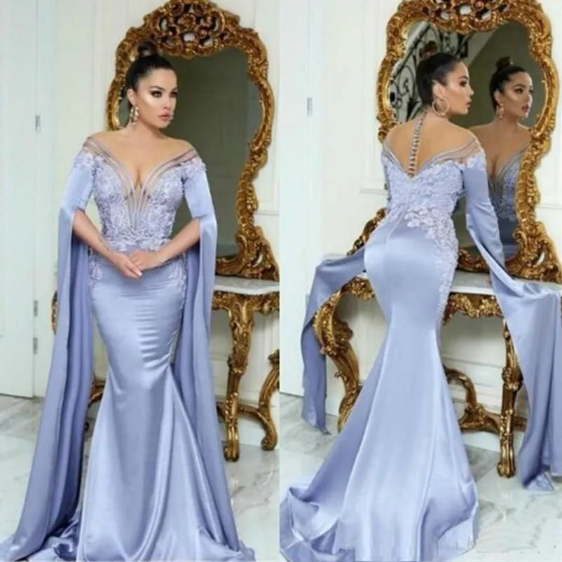 Arabische avondjurken Lange dichter mouwen Lace Applique Mermaid Afrikaans plus size juweel nek kralen formele prom feestjurk satin vestido 403