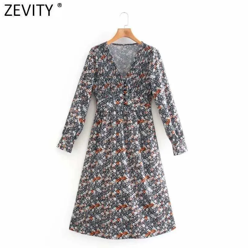 Zevity Women Vintage V Neck Floral Print Elastic Casual Slim A Line Dress Female Chic Side Zipper Party Vestidos DS5087 210603