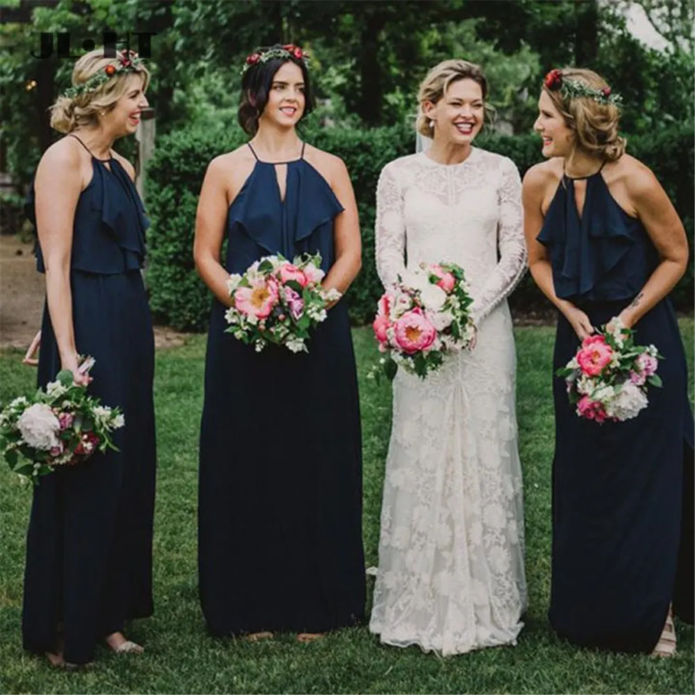 Navy Blue Bridesmaid Dresses Sleeveless Halter Chiffon Plus Size Floor Length Custom Made African Maid Of Honor Gown Country Wedding Party Vestido 403