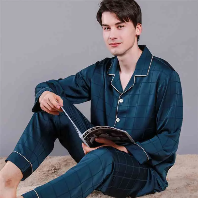 Brand 100 Real Silk Men Pajamas High Quality Long Sleeved 2 Pieces Pajama Pants Sets Male Mulberry Silk Pyjama Homme 210901
