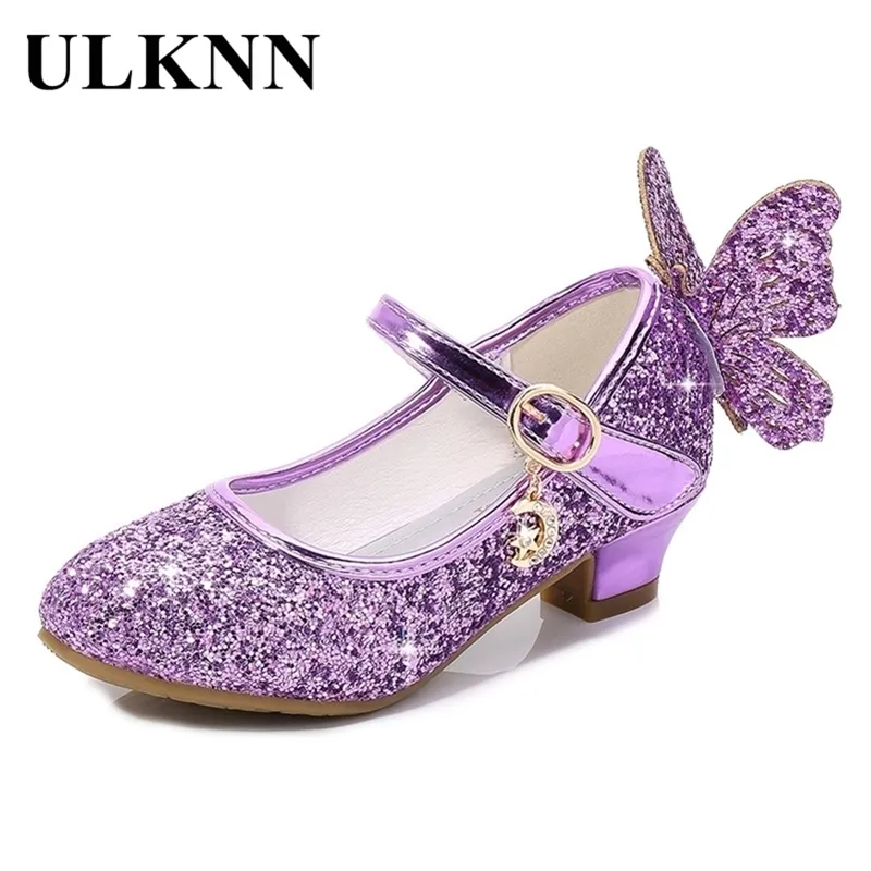 Ulknn crianças dançar sapatos princesa crianças sapatos de couro para meninas flor casual glitter crianças salto alto meninas sapatos borboleta nó 210306