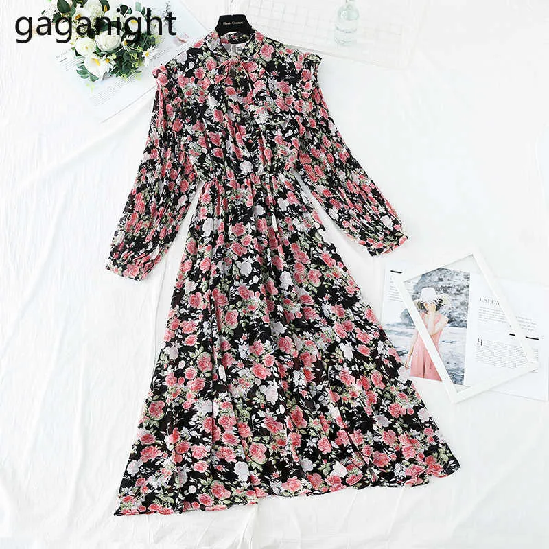 ワンピース Flower Printed Sleeves Dress Womens Spring Floral Print Chiffon Dress O Neck, Bow, Slim