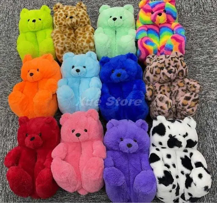 Women Teddy Bear Plush Slippers Cartoon Cute Bear House Slipper Winter Warm Furry Faux Fur Slides Woman Furry Flip Flop Shoes Y0902