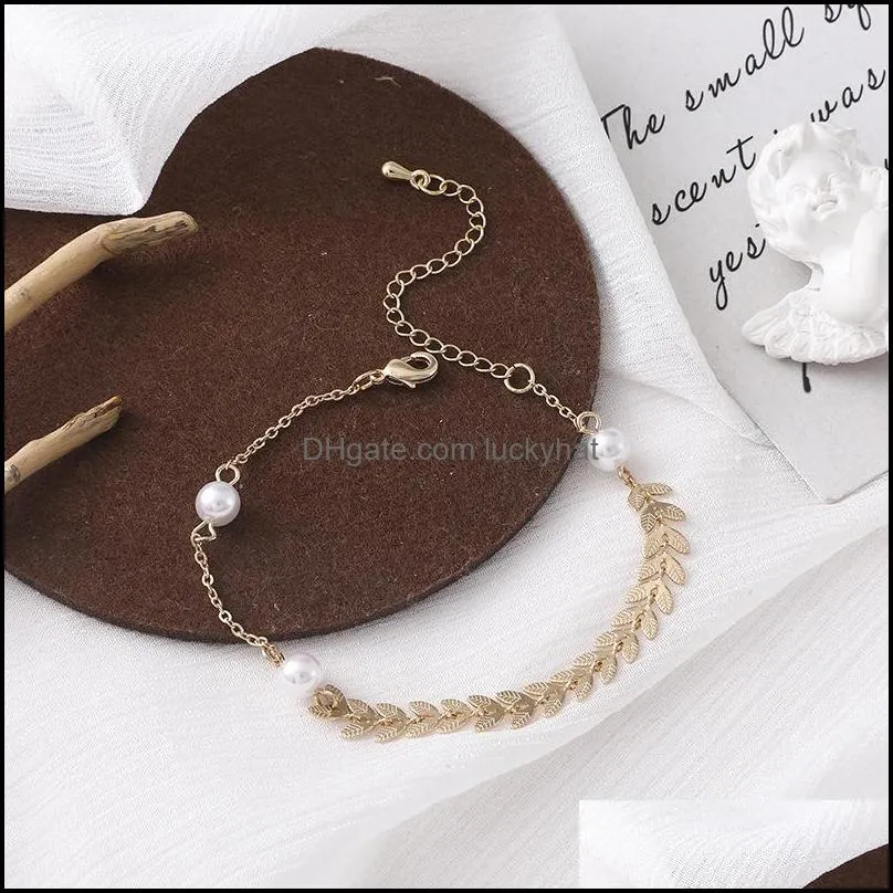 Link, Chain Leaves Wheat Bangles Beads Luxury Stainless Steel Crystal Pearl Bracelet For Women Fashion Jewelry Synthetic Gift
