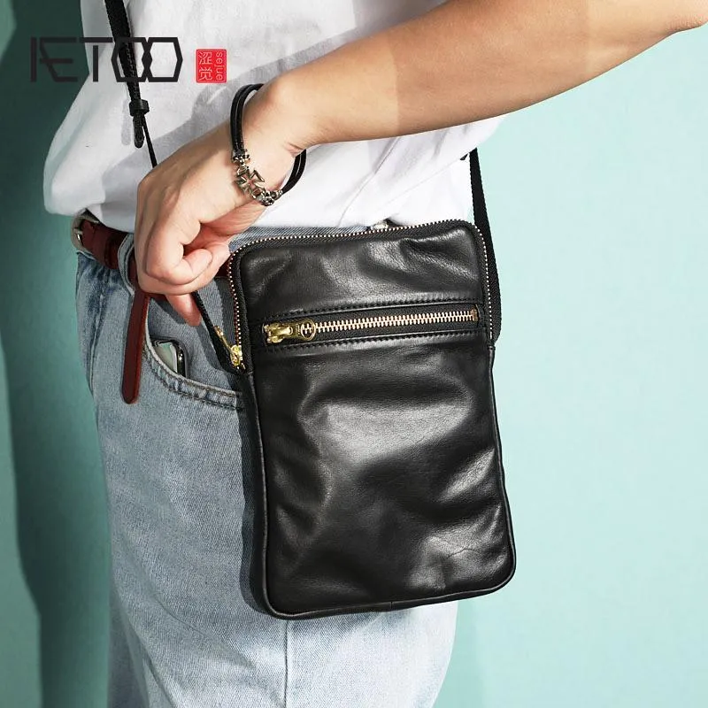 Hbp Aetoo Mobile Phone Bag, saco de lâminas masculinas, saco preto de couro macio, casual cem tendência masculina de um ombro