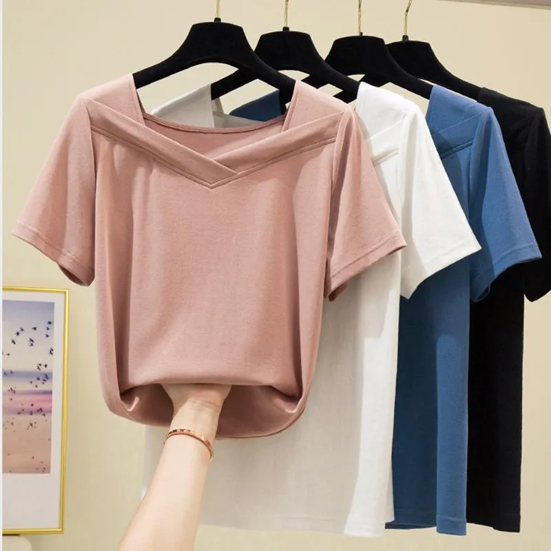 T-shirt Femme T-shirt à col en V Femmes 2021 Tops d'été à manches courtes Femme Élasticité Mode coréenne Tshirt Femme Vêtements Tee Femme