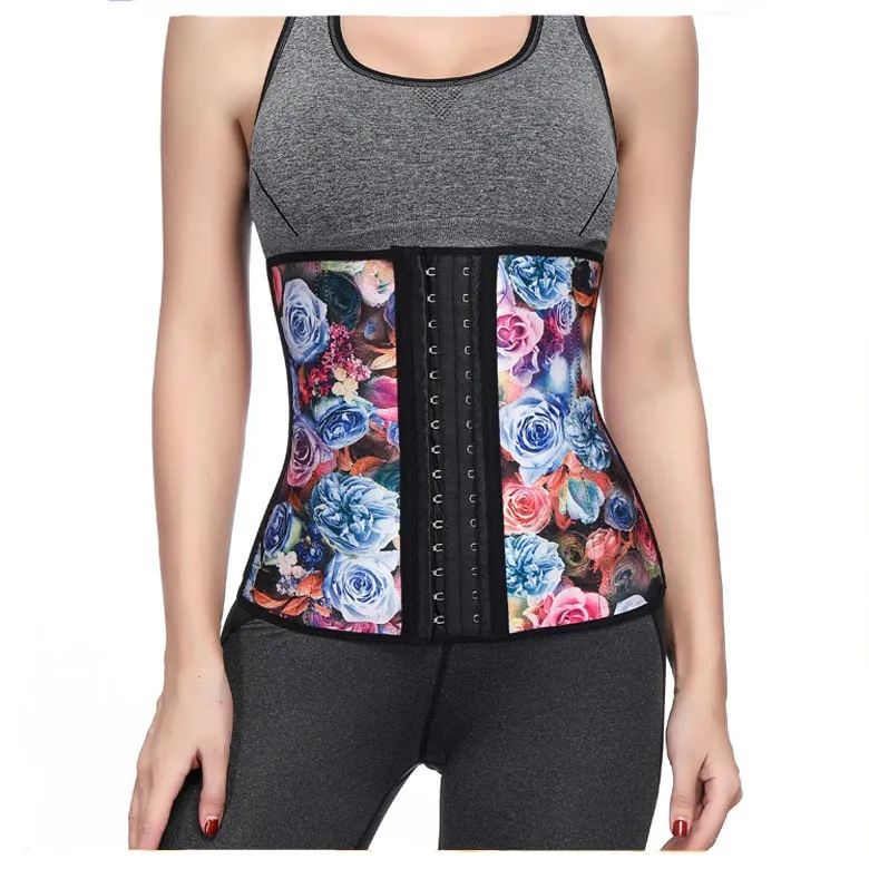 Waist Trimmer Corset Cincher Latex Fabric Rose Printing Abdomen Tummy Shapewear 9 Steelbones Firm Control Slimming Body Shapers Sauna Sweat Girdle