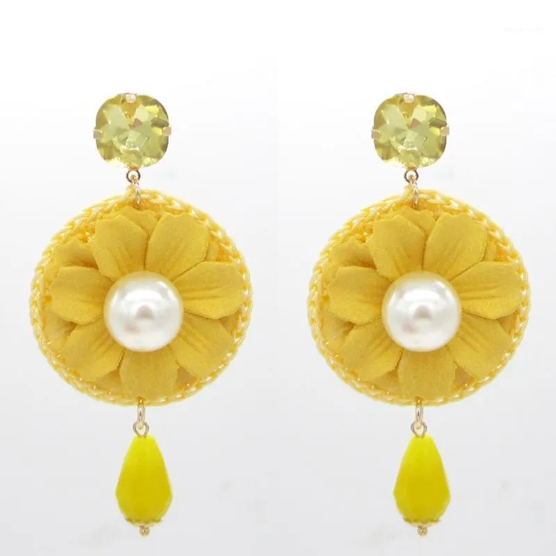 Dangle Kroonluchter Mode Bloem Drop Oorbellen Voor Vrouwen Verklaring Kleurrijke Petal Cirkel Grote Fancy Earring Sieraden Parel Crystal Long Oor