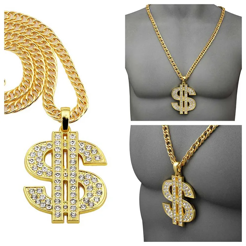 Hip hop guld färg dollar tecken $ hängen halsband med lång twist kedja uttalande halsalce för kvinna män