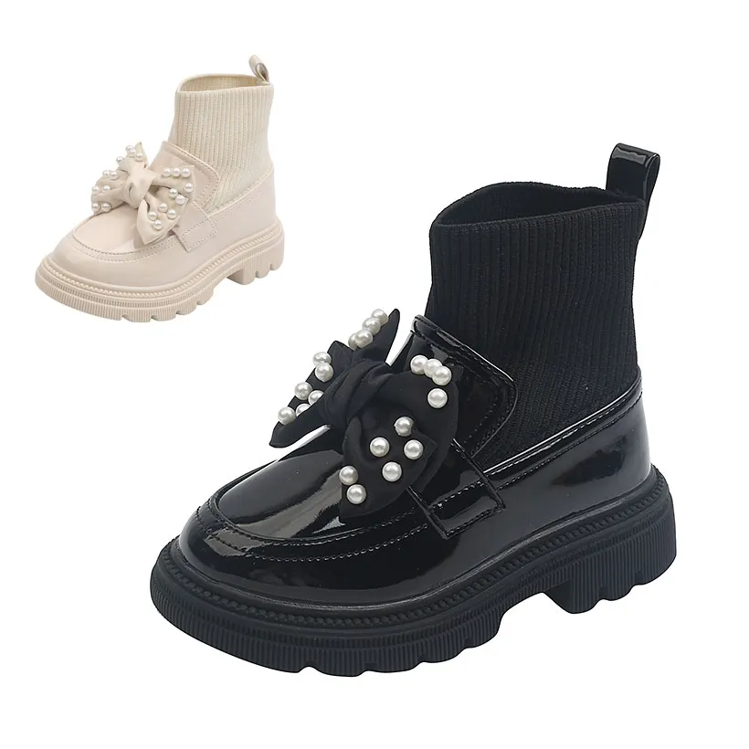 Kinder stricken Knöchel Lackleder Schuhe Slip-on Mädchen Perle Schleife Stiefel Kind Schuluniform Kleid dicken Boden britischen Schuh 26-36 YY5115