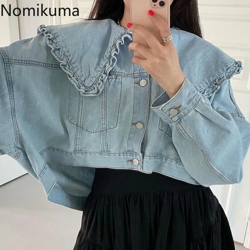 Casacos femininos Nomikuma Denim Mulheres Estilo Coreano Desligue Collar Manga Longa Curta Tops Único Breasted Casual Casual Casaco Solto High Street