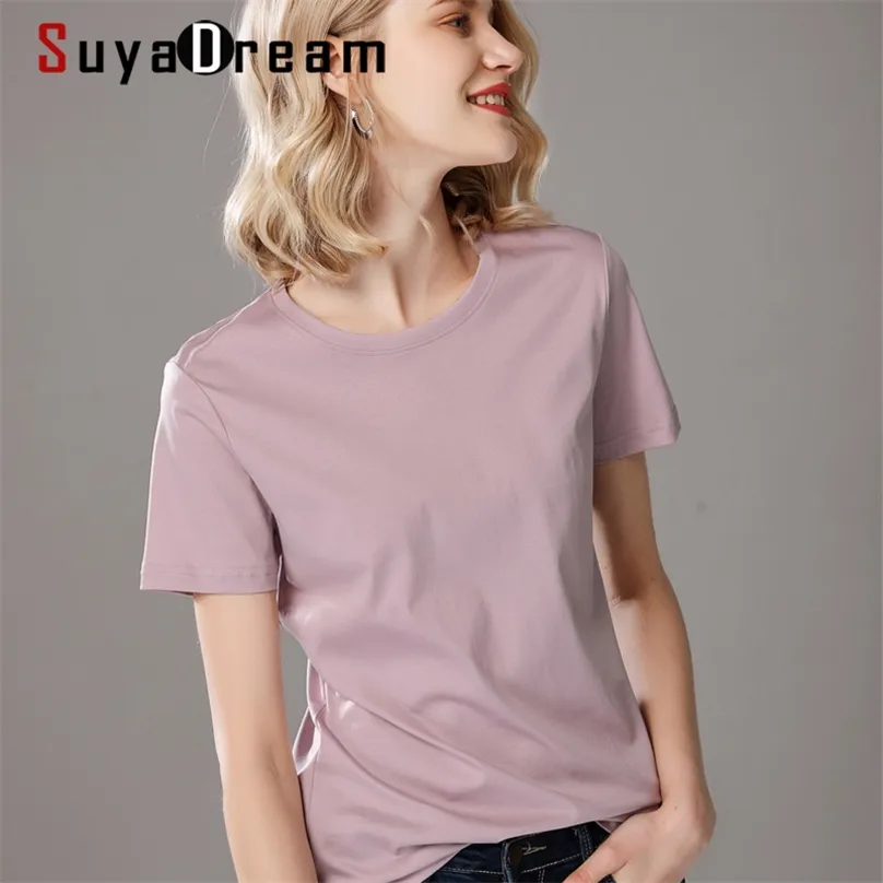Suyadream Kvinnor Solid T-shirts Bomull och Silk Mix Plain O Neck Short Sleeved T Shirts Sommar godisfärger Basic Top 210720