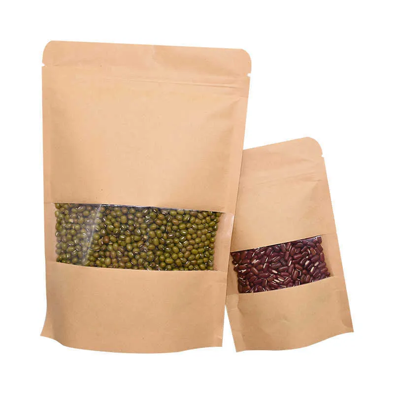 10p Brown Kraft Paper Gift Candy Bags Self Sealing Bag With Clear Window Dried Food Fruit Biscuit Storage Packaging Pouches Bags