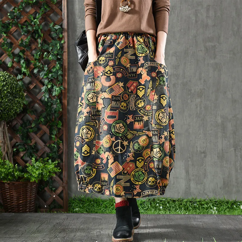 Spring Women s Plus Size High Waist Denim Vintage Print Maxi Skirt 100 Cotton Loose Long Skirt D18