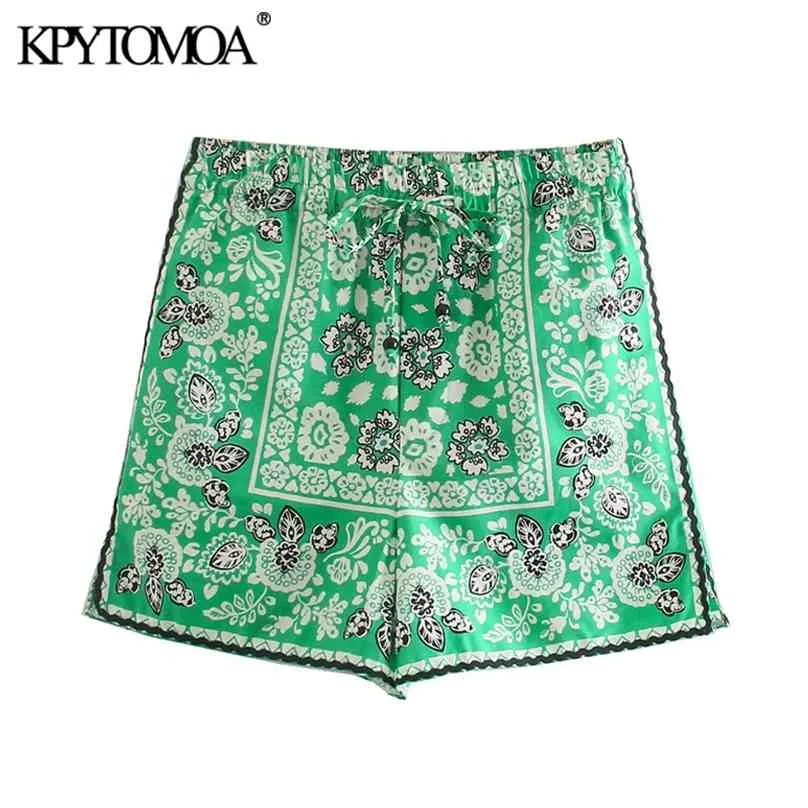 KPYTOMOA Women Chic Fashion Side Pockets Floral Print Shorts Vintage High Elastic Waist Drawstring Female Short Pants Mujer 210719