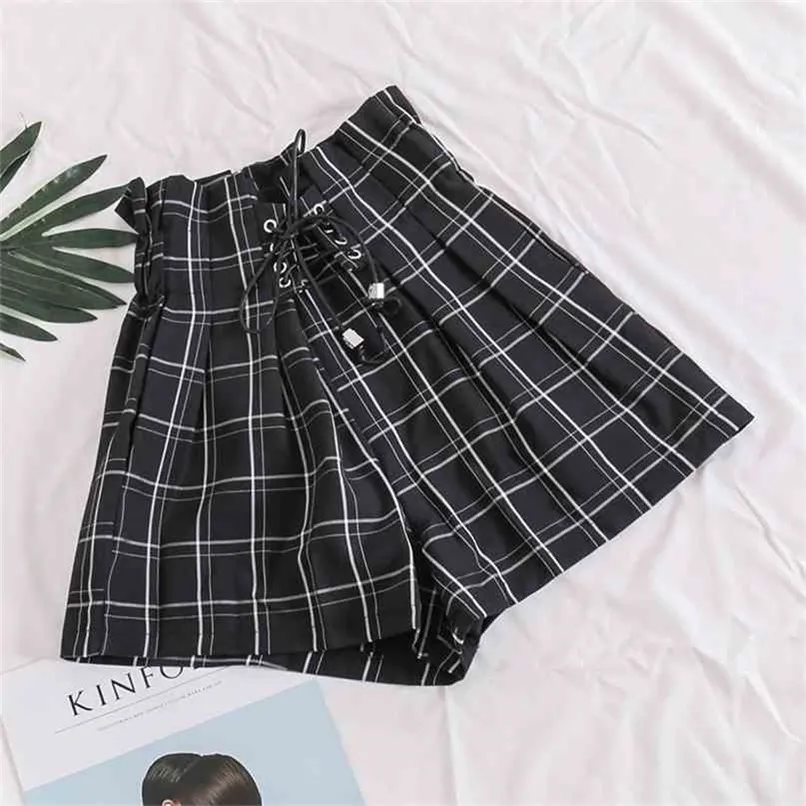 Heliar Kvinnor Drawstring Plaid Shorts Elastic Waist Wide Ben med Saches Harajuku High för hösten 210714