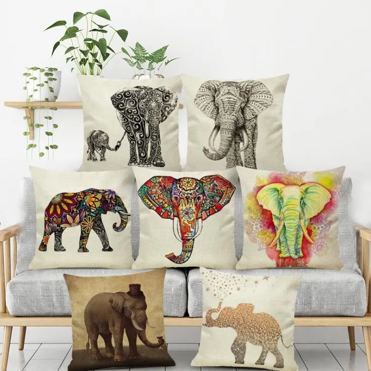 7 styles éléphant imprimé taie d'oreiller belle bande dessinée éléphants taie d'oreiller coloré animaux des prairies peint à la main décor éléphant housse de canapé Liene