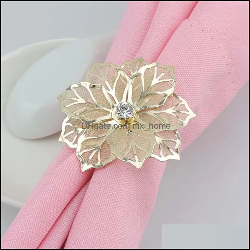 Alloy Napkin Rings with Hollow out Rose Flower Metal Napkin Holder for Wedding Banquet Christmas Reception Party Dinner Table