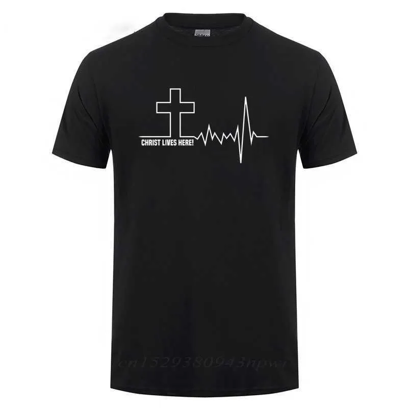 Chrystus mieszka tutaj Cross HeartBeat Christian Jezus wiara Inspirująca koszulka T-shirt dla mężczyzn Mężczyzna Krótki Rękaw Bawełniany Tshirt 210629