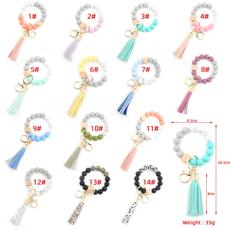 Wooden Tassel Bead String Bracelet Keychain Food Grade Silicone Beads Bracelets Women Girl Key Ring Wrist Strap