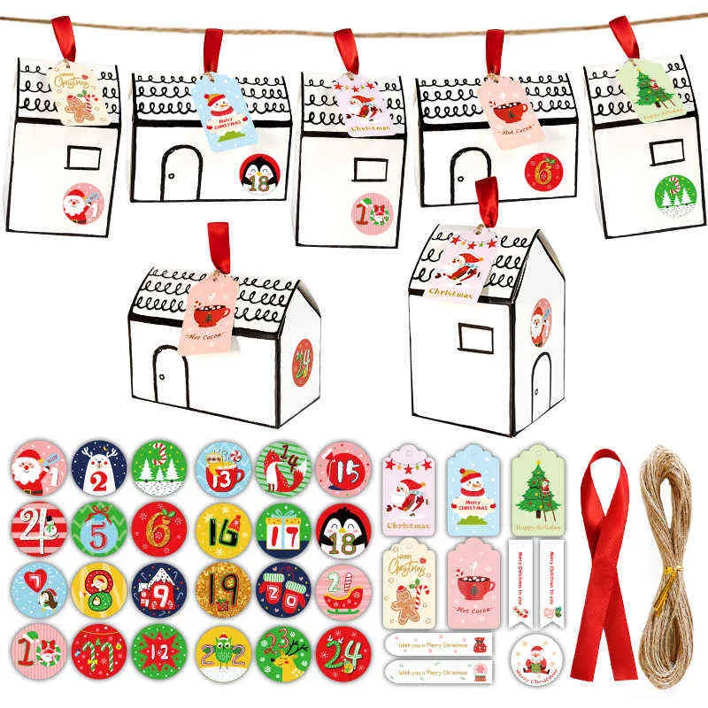 24 Ensembles Blanc Maison Forme Bonbons Boîtes Xmas Party Décoration Boîte-Cadeau avec Calendrier De L'Avent Numéro Autocollant DIY Emballage Fournitures H1231