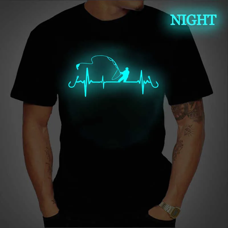 Luminous gráfico tee homens pesca heartbeat novidade engraçado tshirt hip hop tshirt rua streetwear camisa harajuku camisa homens camisa homme y0809