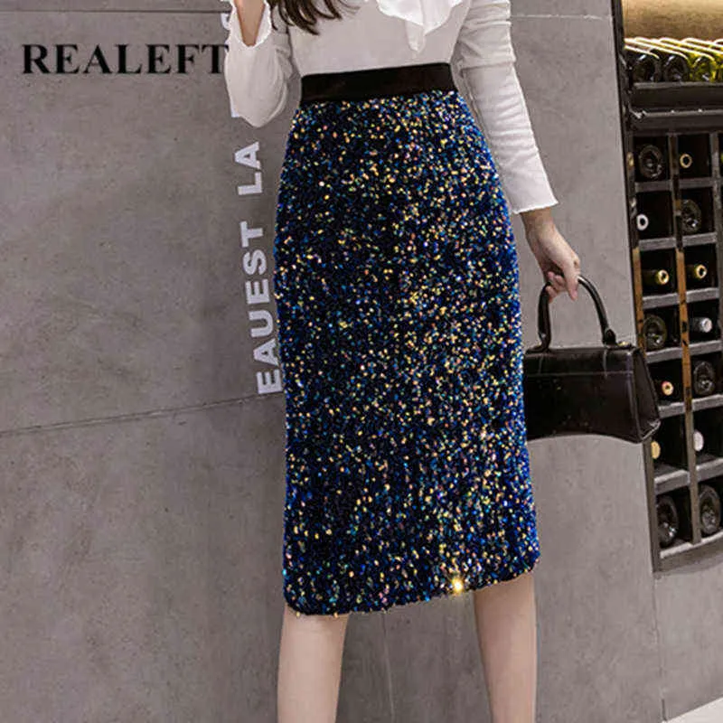 Realeft Hoge Taille Sequin Potlood Wrap Rok Vrouwelijke Aankomst Herfst Winter Dames Dames Slanke Midi Rok Mujer Faldas 211120