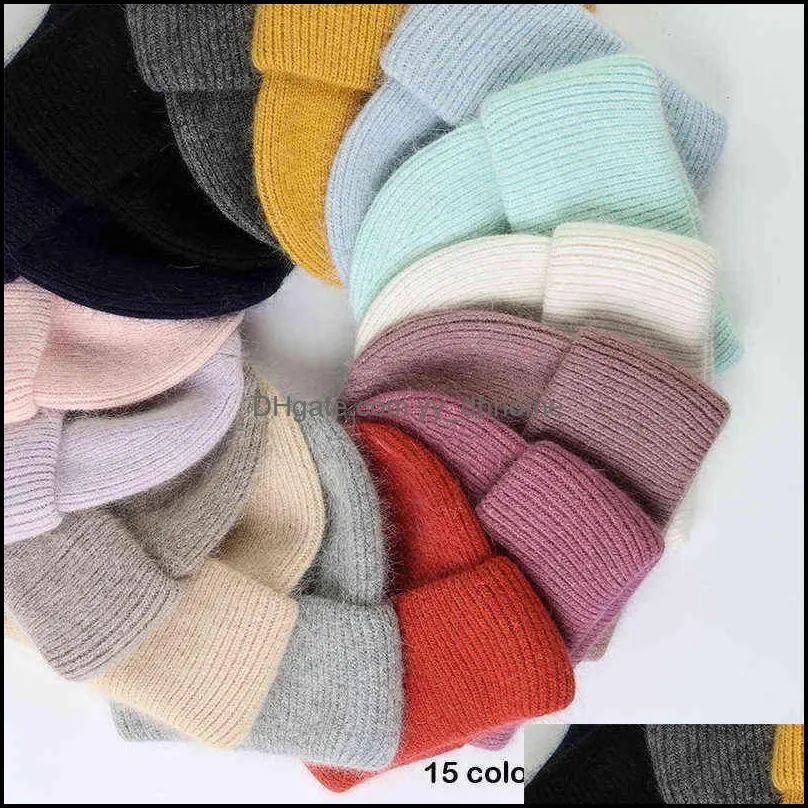 Winter Real Rabbit Fur Knitted Beanies For Women Fashion Solid Warm Cashmere Wool Skullies Beanies Female Three Fold Thick Hats 211228