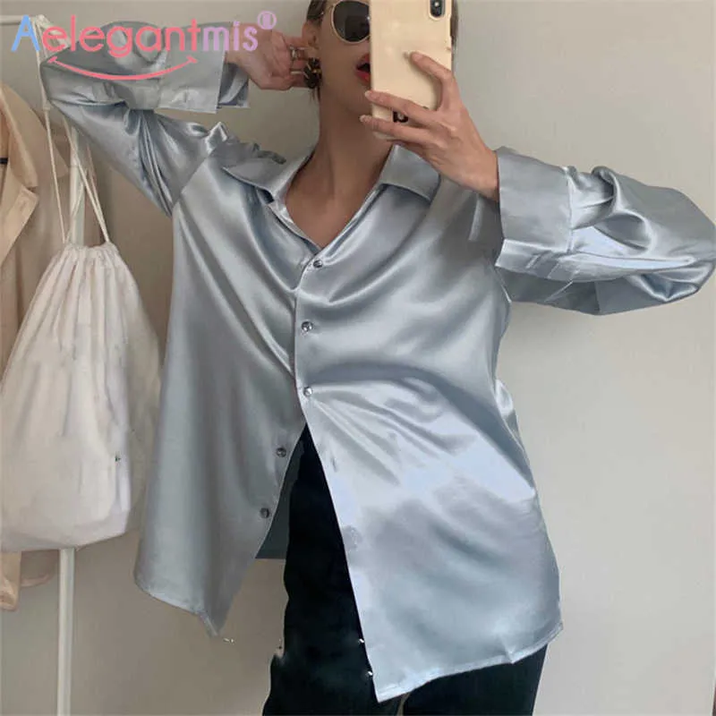 Aelegantmis Stilvolle Chic Frauen Satin Solide Hemd Blusen Dame Langarm Elegante Lose Weibliche Sommer Blusas 210607