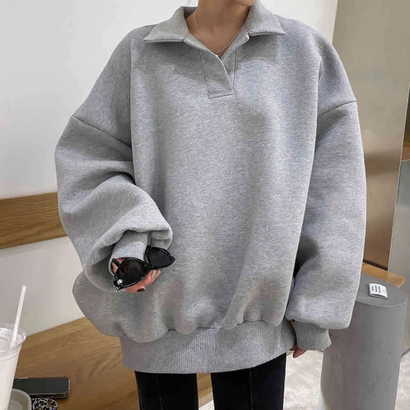 Felpe con cappuccio da donna coreano chic autunno inverno colletto polo semplice pullover allentato pigro maglione manica lanterna grigia Rachel da donna