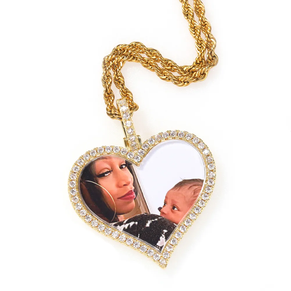 Photos personnalisées collier mode plaqué or mémoire glacé coeur pendentif colliers hommes Hip Hop bijoux