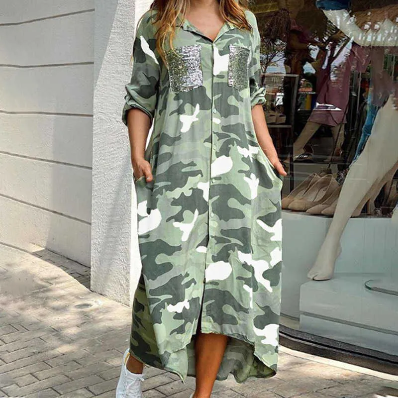 Women Elegant Camouflage Print Sequin Shirt Maxi Dress Spring Sexy