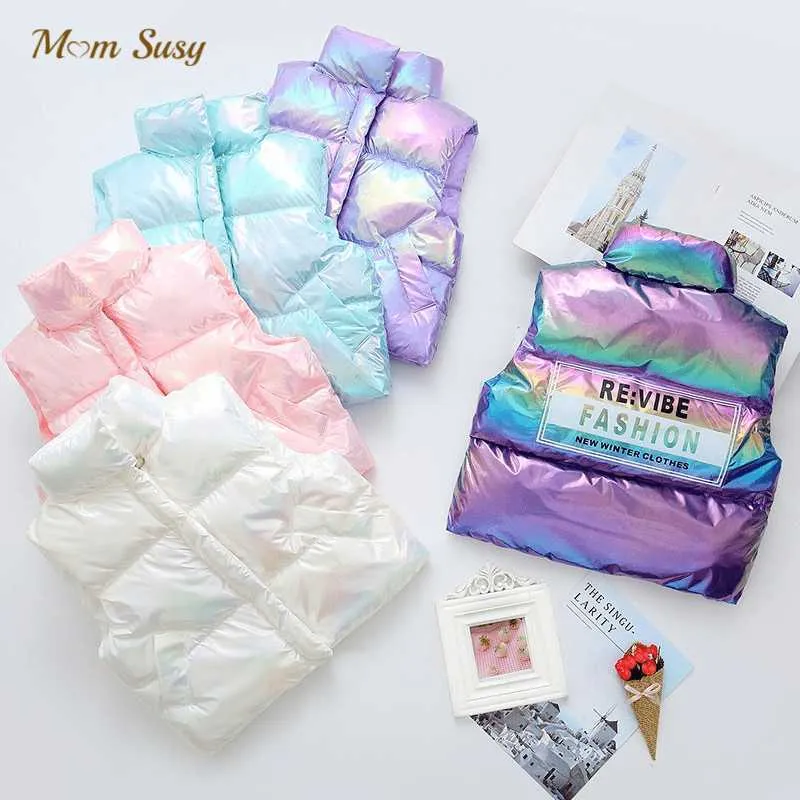 Fashion Baby Boy Girl Winter Vest Cotton Padded Child Waistcoat Water Proof Solid Zipper Outwear Warm Shiny Baby Clothes 1-12Y H0909